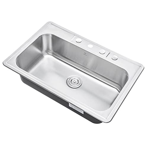 Cozyblock 33 X 22 X 9 Inch Top-Mount/Drop-In Stainless Steel Single Bowl Kitchen Sink With Strainer - 18 Gauge Stainless Steel-4 Faucet Hole #TOP3