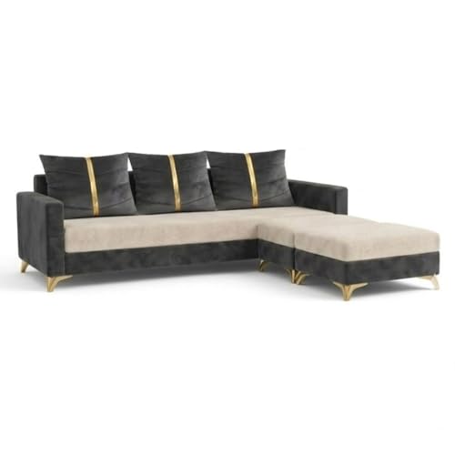 Image of Caviar 5 Seater L Shape Sofa Set with 2 Movable Ottomans | Flexible Layout | Luxury Velvet Suede Fabric | Modern Living Room Sofa | Dark Grey-Cream