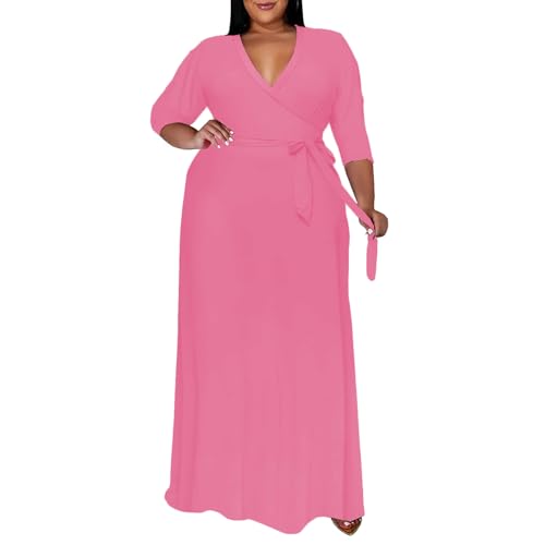 Image of Plus Size Dresses for Women Floral Maxi Dress Flowy 3 /4 Sleeve Oversize Long Dresses with Belt Hot Rose 2XL