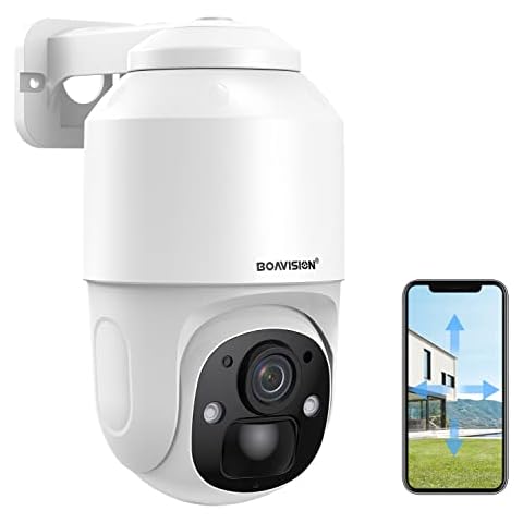 BOAVISION Battery Powered Security Camera Outdoor, Pan Tilt 355° View IP66 Waterproof Rechargeable Wireless WiFi PTZ Camera with PIR, Color Night Vision,2-Way Talk, Siren & Spotlight Cover
