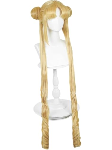 Image of Half and Half Long Blonde Anime Cosplay Wig with Bangs & Buns 39'' Blonde Curly Ponytail Wigs Cute Pigtails Costume Wig for Women Halloween Party