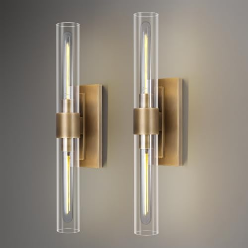 ZHTIECHUI Modern Brass and Glass Wall Sconces, 24' Vanity Lights for Bathroom 2 Lights, Horizontal or Vertical Linear Wall Sconce,Indoor Sconces Wall Lighting,Bathroom Wall Sconce Set of Two