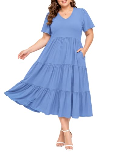 Image of Women's Plus Size Summer Dresses Floral Casual Tiered Midi Dresses V-Neck Short Sleeve Long Maxi Dress with Pockets