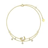 Solid 14K Gold Layered Anklet for Women, Real gold Moon and Star Ankle Bracelet Summer Beach Anklets