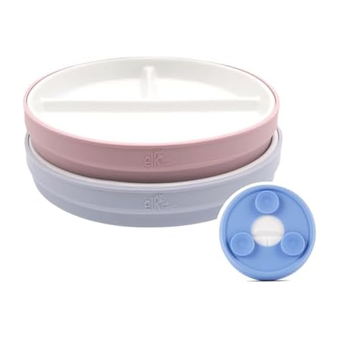 Elk and Friends Kids 6.7” Porcelain White Plates with Silicone Suction Sleeves Sleeves | Divided Plates | Suitable for Babie/Kids/Toddlers | Microwave & Dishwasher Safe | Non Slip | Snack Dishes Cover