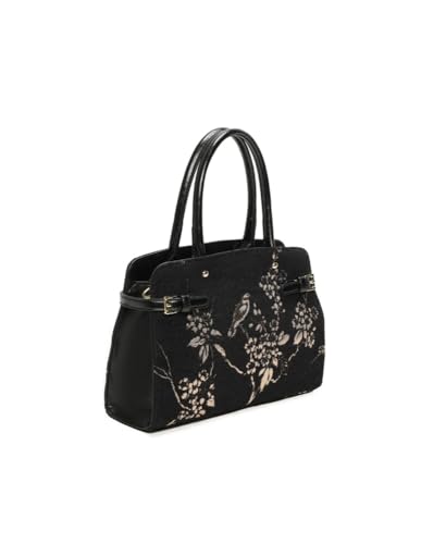 Cabas noir broderies fleurs et oiseau, sac bandoulière amovible double porté
