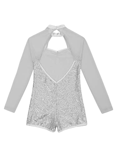 Feeshow Kids Girls Long Sleeve Sparkling Sequins Backless Dance Leotards Biketard Jumpsuit With Shorts Dance Silver 14 Years #TOP2