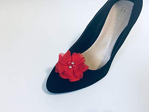 Red Detachable Chiffon And Rhinestone Flower Shoe Clips Set Of 2 #TOP3