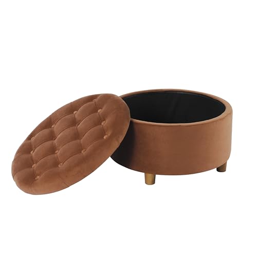Image of HomePop 28 inch Button Tufted Velvet Round Storage Ottoman - Spice Orange Velvet