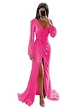 Monvelli Sparkly Hot Pink Prom Dresses Long 2025 with Slit Mermaid Long Sleeve Ruched Evening Gowns for Women Formal US Size 8