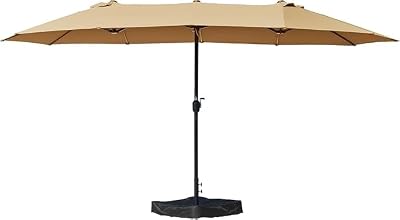 15ft Patio Umbrella, Double-Sided Outdoor Market Umbrella with Crank Handle and Base for Pool, Garden, Backyard, Lawn (15ft Beige W/O SolarLights)