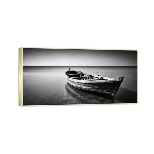 Tableau Décoration Murale Lac Bateau 2 Noir et Blanc Toile 60x120cm
