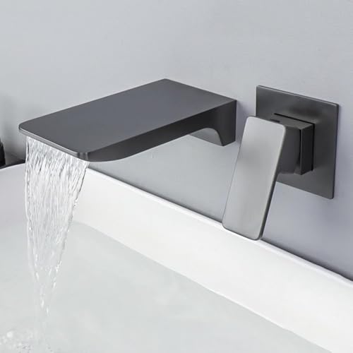 Grifo de lavabo monomando de pared gris con caño cascada largo