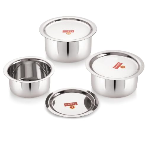 Image of HAZEL Stainless Steel Tope with Lid, Set of 3 | Heavy Gauge Flat Bottom Patila with Lid Combo 300ml, 500ml & 700ml | Durable Boiling Pots for Milk, Tea & Daily Cooking - Silver