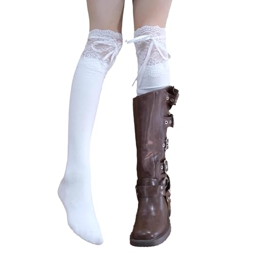 White Knee High Socks, Lace Ruffle Cute Sock Lolita Stockings Kawaii Lace Top Thin Socks for Girl Women3