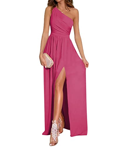 LYANER Women's One Shoulder High Split Sleeveless Ruched Cocktail Sexy Maxi Long Dress Rose Red Medium