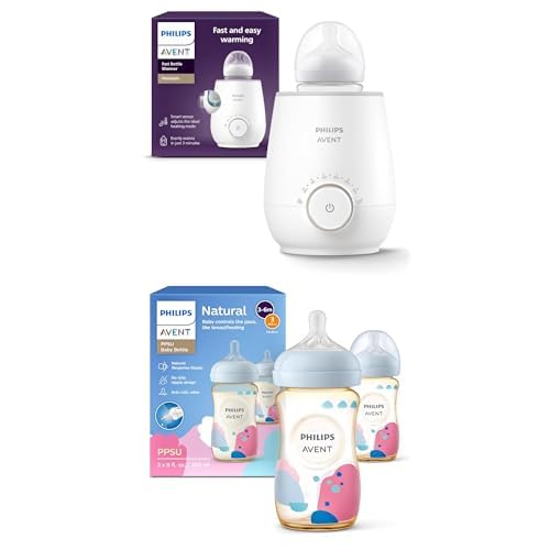 Bundle of Philips Avent Premium Fast Bottle Warmer, Water Bath Technology; + Philips Avent PPSU Natural Baby Bottles with Medium Flow Nipples (Flow 3), 9oz, with Decoration, 2-Pack, SCY943/02