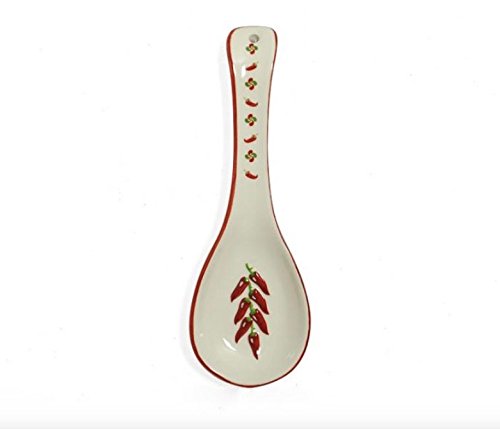 White Ceramic Spoon Rest with Red Chili Pepper Design - 925