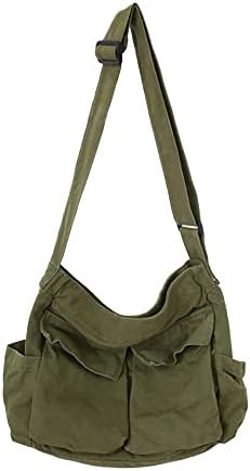 Bohemian Hipster Hobo Boho Hippie Crossbody Bag Purse Canvas Sling Bag Aesthetic Tote Large Handbags Fairy Grunge Bag (Army Green)