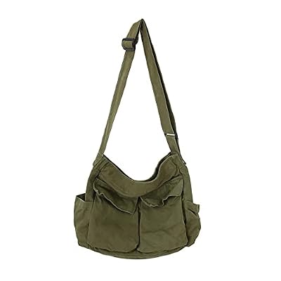 Sumleno Canvas Messenger Bag, Borsa a tracolla in tela da donna, verde militare, Large, Verde militare, Large
