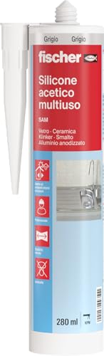 Fischer Silicone Acetico Multiuso Grigio SAM 280 ml, Sigillante Antimuffa per Vetro, Alluminio, Smalto, Ceramica, Adatto per Bagno e Cucina, 9354