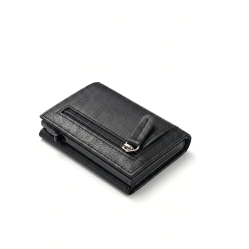 Image of Slim Leather Card Holder Wallet, Black, RFID Blocking, Zipper Pocket, Pop-Up Card Ejector