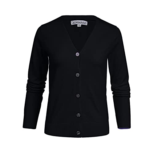 Women's V-Neck Long Sleeve Button Down Lightweight Sweater Soft Knit Cardigan Black #TOP3