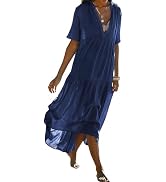 R.Vivimos Womens Summer Cotton Flowy Maxi Dress Short Sleeve V Neck Empire Waist Boho Tiered Ruff...