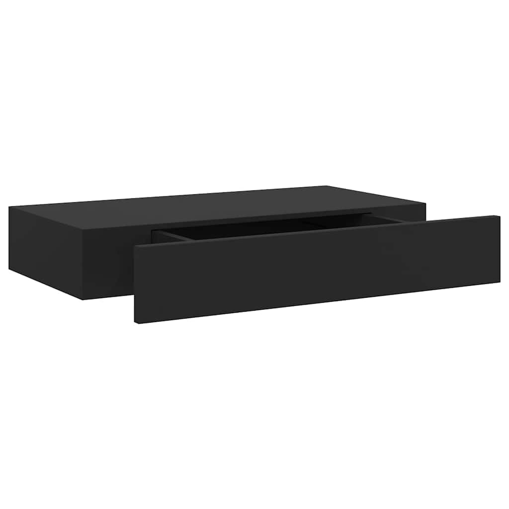 Estantería flotante negra con cajón, 48 x 25 x 8 cm, tablero de fibra de densidad media, moderno para libros, decoración, cocina, baño, sala de estar