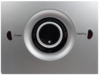 Close-up of the water heater's control panel with temperature knob and indicator lights