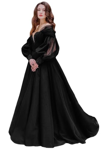 Youjiayi Gothic Long Sleeve Wedding Dresses for Women Puffy Tulle Bridal Gown with Train A-Line Lace Wedding Gown for Bride