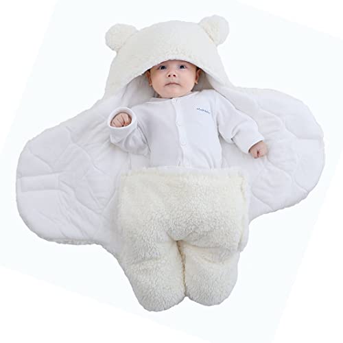 Baby-Schlafsack, Baby-Kapuzendecke für Neugeborene, süßer Bären-Schlafsack, Dicke und warme Winter-Babydecke, Unisex verstellbare Wickeldecke für 0-3 Monate/3-6 Monate (Weiß) Cover