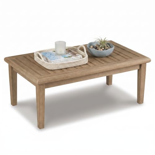 Signature Design by Ashley Gerianne Outdoor Coffee Table, Eucalyptus Wood With 5‑Step Protective Finish & Slatted Top for Rain Shedding, Durable for Outside Patio Use, Brown