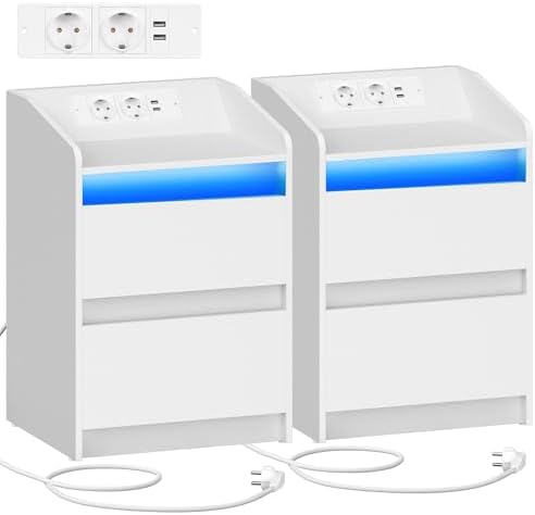 Hzuaneri Bedside Tables Set of 2 with LED Lights, Charging Statio...