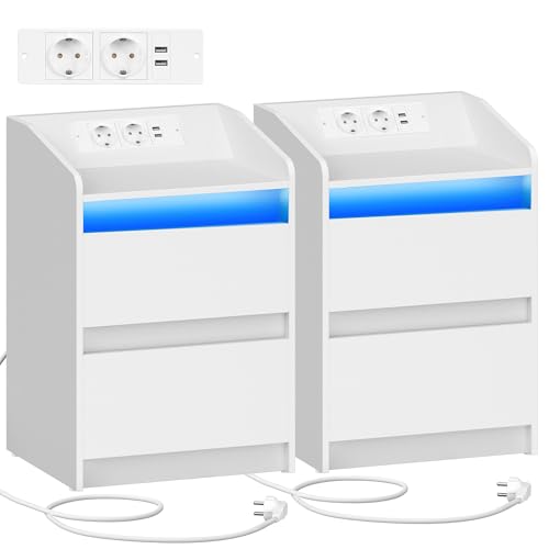 Hzuaneri Mesitas de Noche Juego de 2 con Luces LED, Estación de Carga y 2 Cajones, Mesa Auxiliar con Puertos USB y Enchufes de Energía, Ideal para Sala de Estar y Dormitorio, Blanco NS30103X