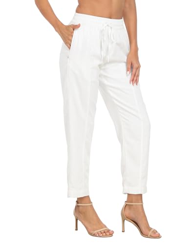 HDE Women's Linen Blend Pull On Pants Summer Drawstring Ankle Pant with Pockets4