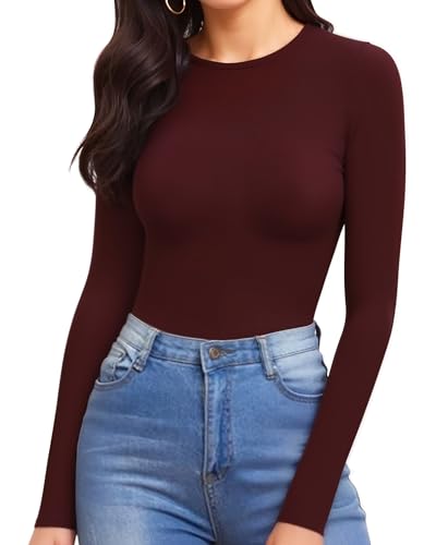 Image of Mangopop Women' Long Sleeve Ribbed Bodysuit Jumpsuits