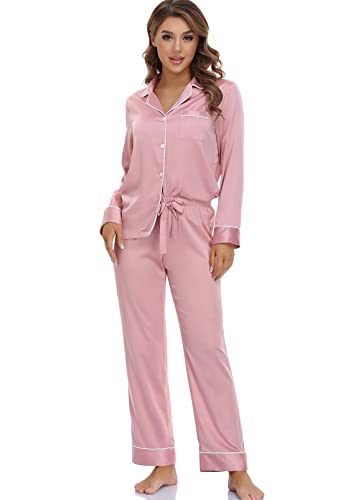 Image of Serenedelicacy Women's Satin Pajama Set Long Sleeve Button Down Sleepwear 2-Piece Silky Pj Set