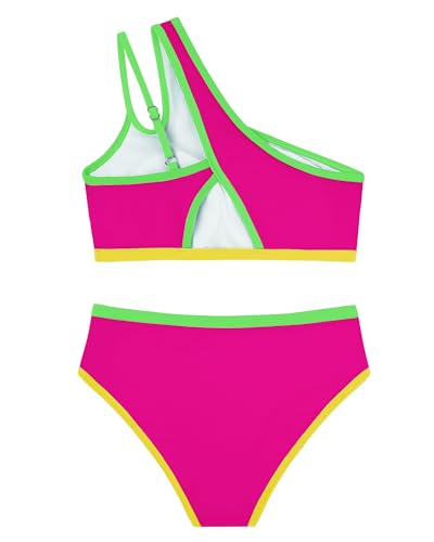 Image of Redair Girls Swimsuit Two Piece One Shoulder Bathing Suit with Chest Pad Color Block Bikini 7-16 Years