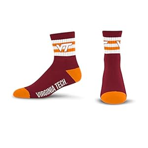 For Bare Feet NCAA Virginia Tech Hokies 5 Stripe Logo Quarter Sock Team Color Large