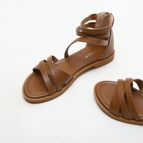 Women's Flat Sandals Strappy Ankle Strap Roman Round Toe Summer Beach Gladiator Shoes With Zipper Brown #TOP5