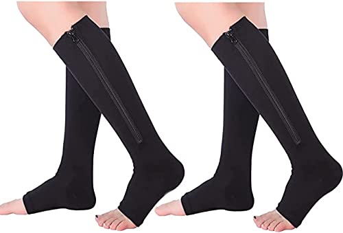 Lingssss 2 Pair Zipper Compression Socks Medical Toeless Zip Easy on off 15-20 mmHg for Swollen Sore Legs (Black+Nude L/XL)