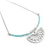 Acier inoxydable, fait main Collier bohème mi-long décoré de perles bleu ciel avec pendentif aux motifs aztèques, chaîne en acier inoxydable, argenté, chaînette d\'extension de 5cm