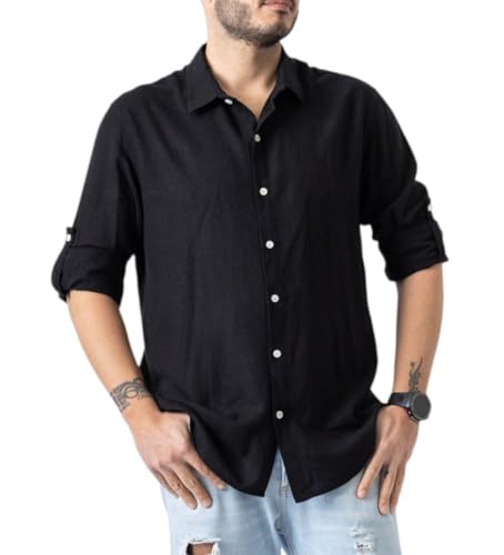 TONY BACKER Camicia da Uomo in Lino, Maniche Lunghe, Scollo a V, Stile Casual, Chiusura a Bottoni (IT, Testo, XL, Regular, Regular, Nera)