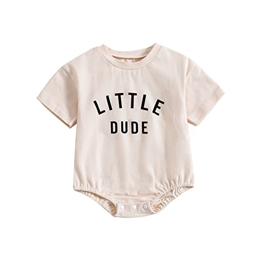 Image of Baby Boy Bubble Romper Oversized Little Dude Color Block Short Sleeve Onesie Bodysuit Shirts Top Cute Summer Outfit (Solid-Apricot, 3-6 Months)