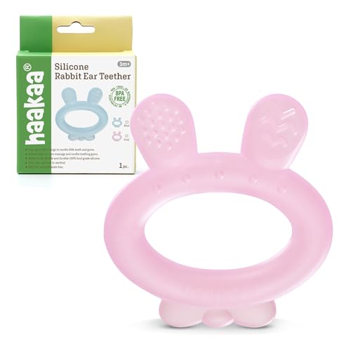 Image of Haakaa Silicone Baby Teether - Rabbit Ear Frozen Teething Toy for Babies 3-6 Months- Cold Teething Relief - BPA Free Silicone-Pink
