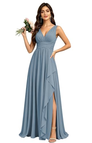 Lekessid Sleeveless Bridesmaid Dress V Neck Floor Length Chiffon Slit US10