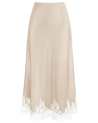 VividMosaic Lace Trim Satin Midi Skirt Patchwork Elastic High Waisted 2026 Elegant Casual Long Skirt for Women Champagne