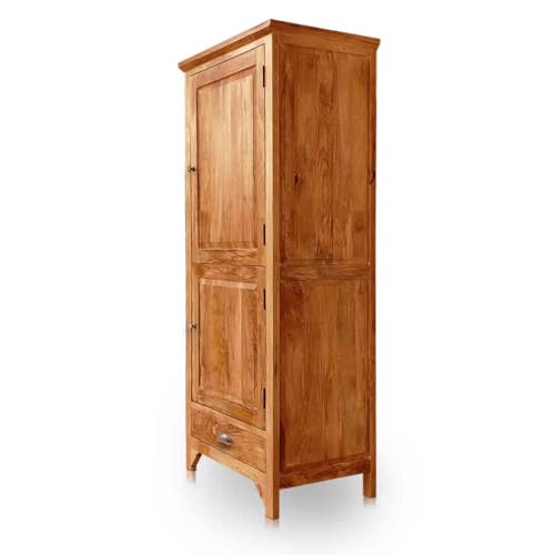 Image of APRODZ Mango Wood Wardrobe for Bedroom 1-Door Unique Front Almirah for Storage /Space Saving 1-Drawer Storage Organizer Rack Clothes Cupboard for Bedroom (Natural)