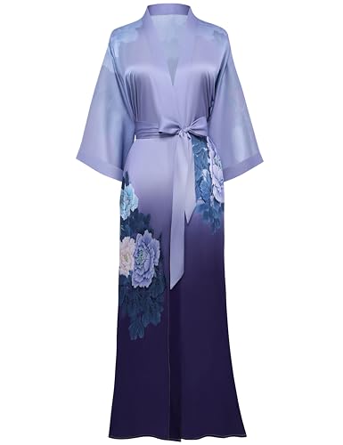 PRODESIGN Long Kimono Robe Satin Sleepwear Gradient Watercolor Silky Kimono Nightgown Bathrobe Blouse Cardigan